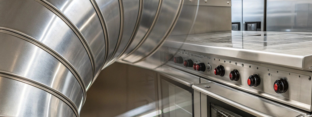 Industrial kitchen with stainless steel appliances and ventilation system.- **Title:** Modern Industrial Kitchen with Stainless Steel Equipment- **Caption:** Sleek stainless steel appliances and ventilation in a professional kitchen setting.- **Description:** This image showcases a modern industrial kitchen featuring high-quality stainless steel appliances and an efficient ventilation system. The sleek design and durable materials are ideal for professional cooking environments, emphasizing functionality and hygiene.