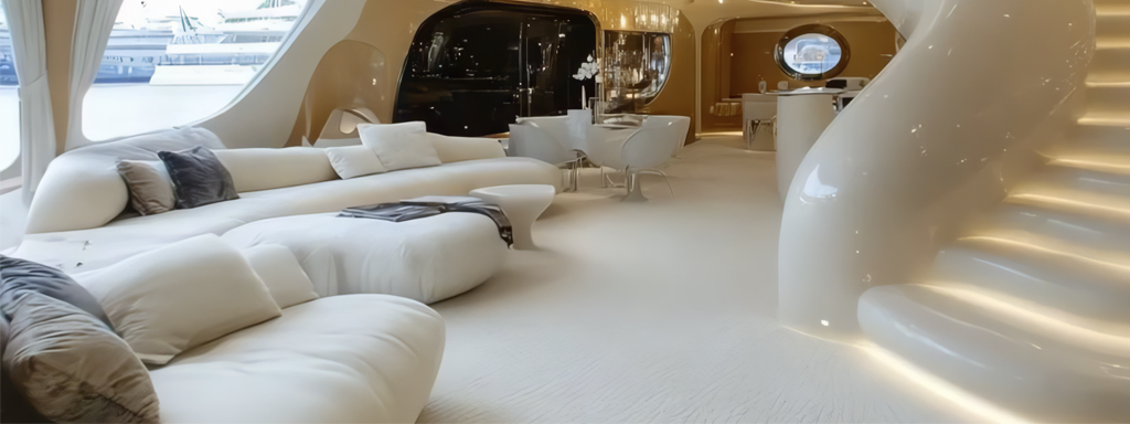 Luxurious yacht interior with modern white furnishings and elegant design.- **Title:** Modern Yacht Interior with Elegant Design- **Caption:** Experience luxury with this modern yacht interior featuring sleek white furnishings and innovative design.- **Description:** This image showcases a luxurious yacht interior, highlighting sleek white furnishings and an elegant, modern design. The spacious layout includes a comfortable seating area, dining space, and a stylish staircase, perfect for a sophisticated and relaxing experience on the water. Ideal for luxury yacht enthusiasts and those seeking inspiration for high-end interior design.