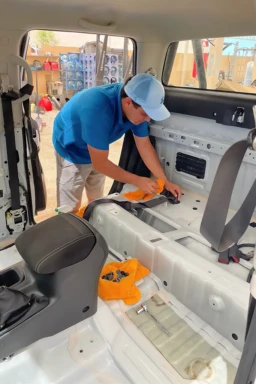 Proceso de limpieza y mantenimiento en el interior de un automóvil para garantizar su óptimo estado. Técnico realizando limpieza y mantenimiento en el interior de un vehículo desmontado.