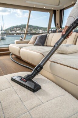 Una aspiradora potente realizando una limpieza eficiente de muebles. Aspiradora limpiando un mueble en primer plano.