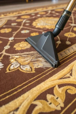 Aspiradora en acción sobre alfombra de diseño floral marrón y dorado. Limpieza de alfombra con aspiradora en diseño floral marrón y dorado.