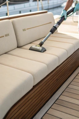 A thorough cleaning of yacht cushions enhances comfort and aesthetics.
- **Description:** This image showcases the meticulous cleaning of beige cushions on a yacht's wooden deck using a vacuum. Maintaining yacht upholstery is crucial for preserving its luxury appeal and ensuring passenger comfort. Regular cleaning helps extend the lifespan of the cushions and keeps the yacht looking pristine. Cleaning beige yacht cushions with a vacuum on a wooden deck.- **Title:** Yacht Cushion Cleaning on Wooden Deck- **Caption:** A thorough cleaning of yacht cushions enhances comfort and aesthetics.- **Description:** This image showcases the meticulous cleaning of beige cushions on a yacht's wooden deck using a vacuum. Maintaining yacht upholstery is crucial for preserving its luxury appeal and ensuring passenger comfort. Regular cleaning helps extend the lifespan of the cushions and keeps the yacht looking pristine.